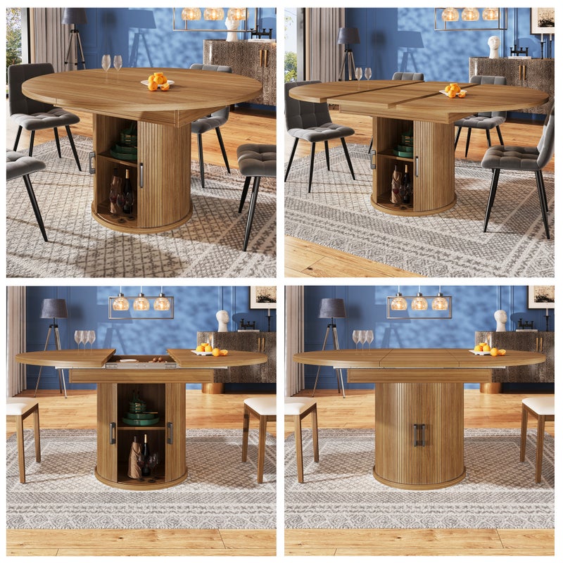 Okrągły rozkładany owalny stół jadalny z 2 drzwiami przesuwnymi - 118(158) x 118 x 76,8 cm - MDF - Orzech