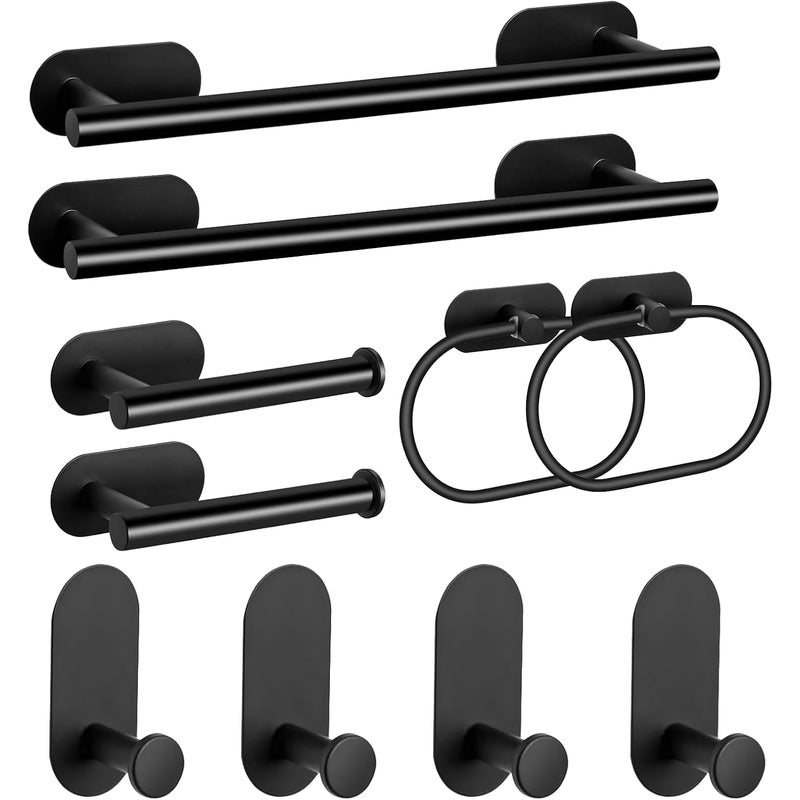 Zestaw wieszaków na ręczniki łazienkowe ze stali nierdzewnej, samoprzylepny uchwyt na papier toaletowy i haczyki na ręczniki (czarny, 10 sztuk)