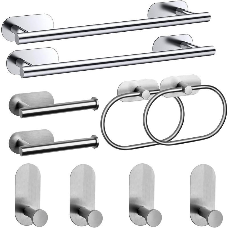 Zestaw wieszaków na ręczniki łazienkowe ze stali nierdzewnej, samoprzylepny uchwyt na papier toaletowy i haczyki na ręczniki (srebrny, 10 sztuk)
