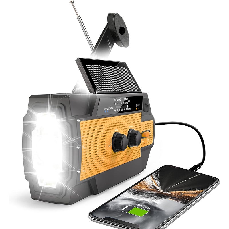 Radio z korbką awaryjną, ładowarka do telefonu komórkowego 4000 mAh, zasilane energią słoneczną, przenośne, AM/FM/NOAA, do użytku domowego, pomarańcz