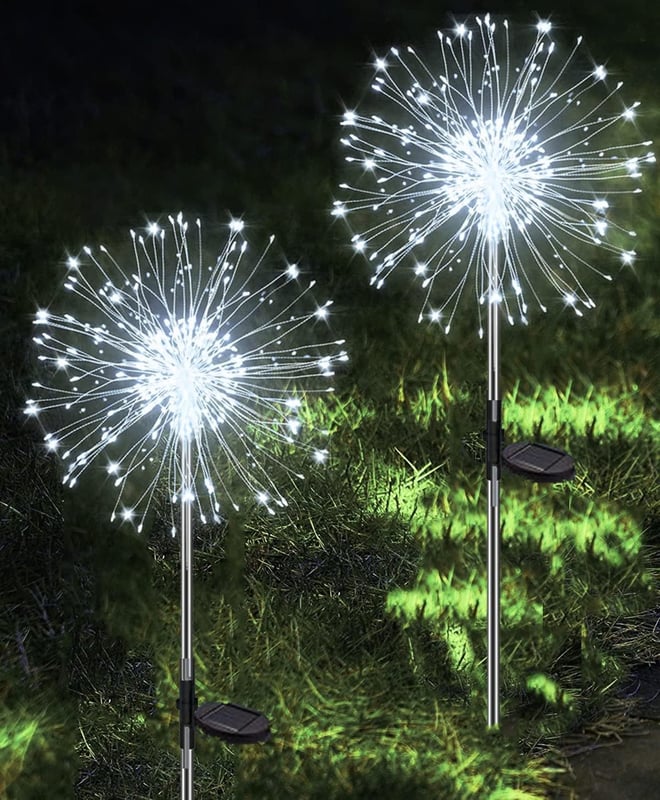 Lampy solarne, oświetlenie ogrodowe, 2 sztuki, 120 diod LED, wodoodporne, solarne fajerwerki – zimna biel
