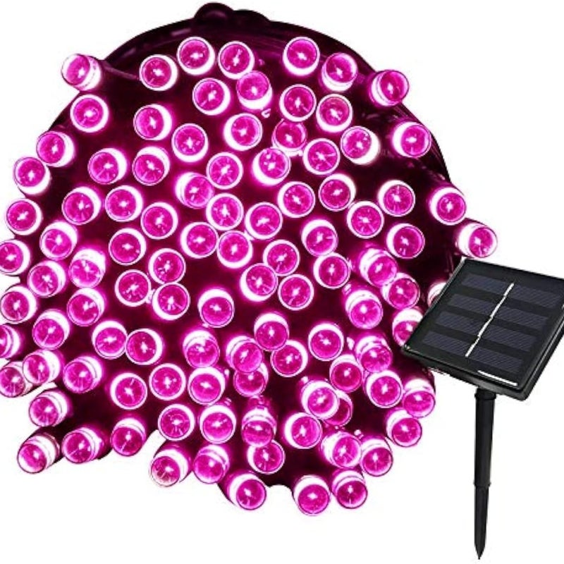 32-metrowy łańcuch lampek choinkowych solarnych 300 LED 8 trybów wodoodporny ogród zewnętrzny ślub urodziny różowy