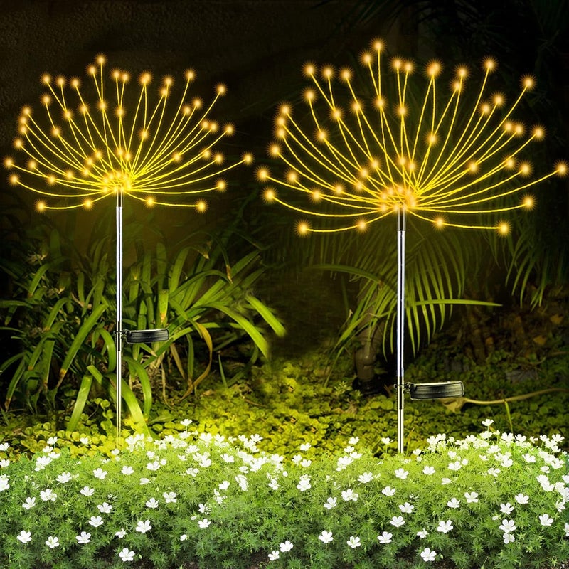 Zestaw 2 lampek solarnych z fajerwerkami – 90 diod LED, dekoracje ogrodowe na ścieżki, do ogrodu, na Boże Narodzenie i na imprezy (ciepła biel)