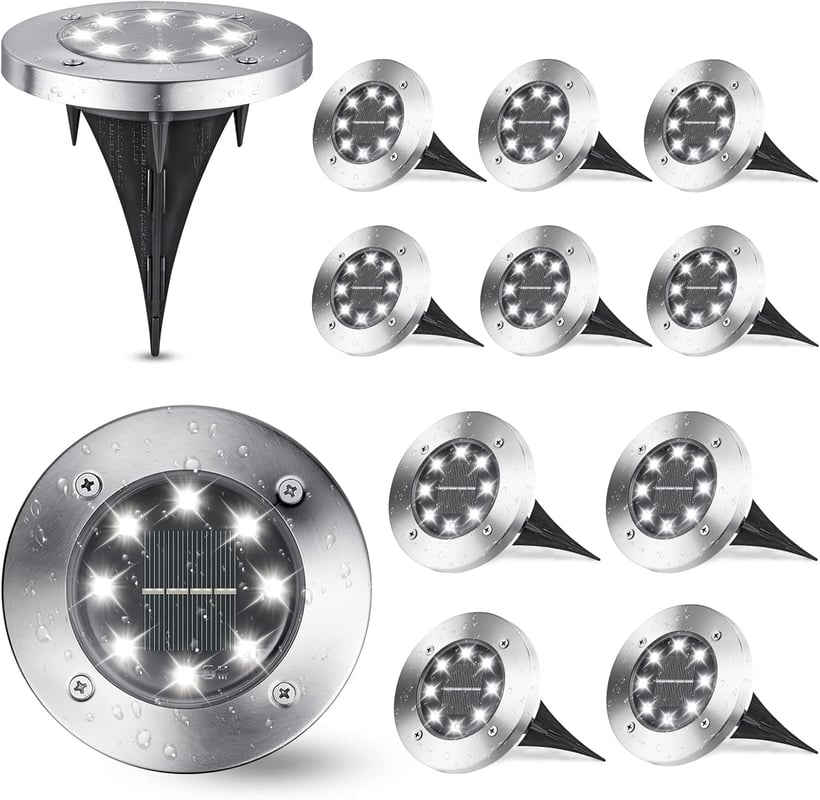Zestaw 12 białych lamp solarnych do ogrodu, 8 diod LED 6000K, wodoodporność IP65, odpowiednie do ścieżek, trawników, tarasów, ogrodów i basenów