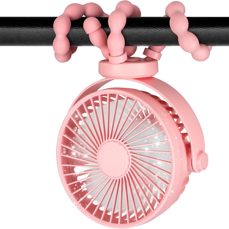Miniaturowy, przenośny wentylator do wózka, obracający się o 360°, odpowiedni do fotelików samochodowych, łóżeczek i bieżni, różowy