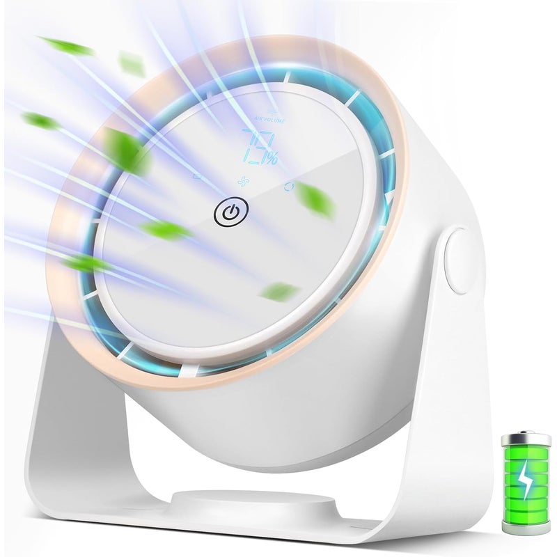 Akumulatorowy, cichy wentylator biurkowy z pięcioma prędkościami i cyfrowym ekranem dotykowym. Idealny do sypialni, podróży i na kemping. Biały.