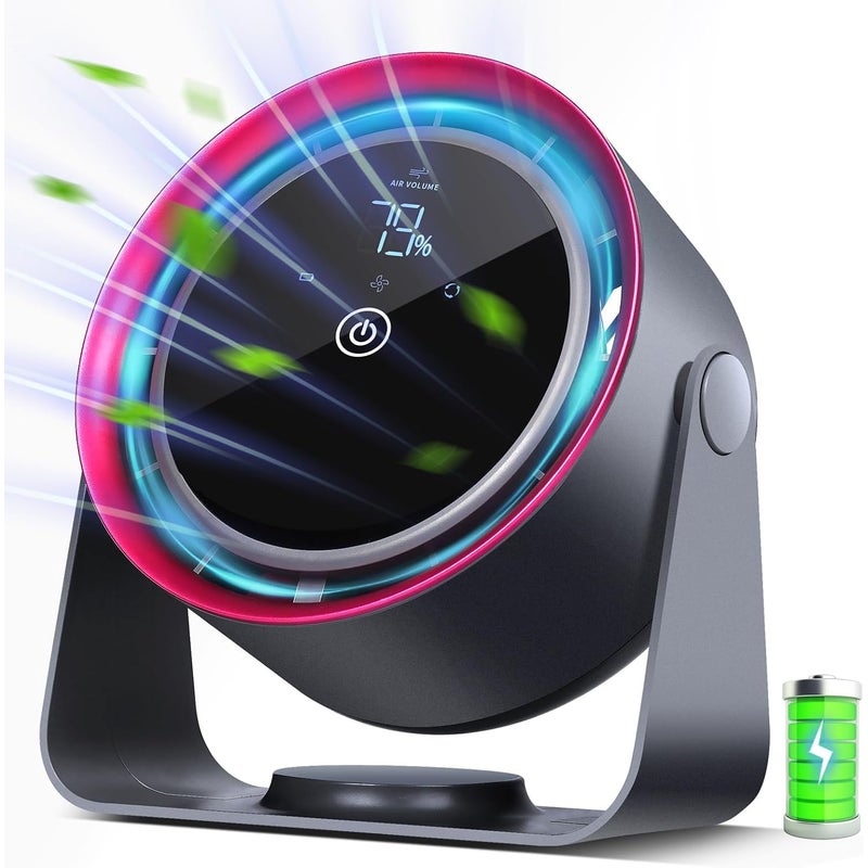 Cichy, akumulatorowy wentylator biurkowy z pięcioma prędkościami i cyfrowym ekranem dotykowym. Idealny do sypialni, podróży i na kemping. Ro