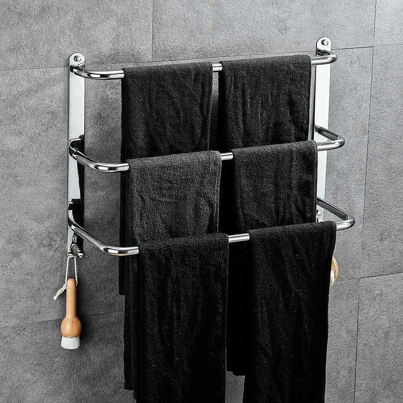Dwupoziomowy wieszak na ręczniki z 2 haczykami, potrójny wieszak na ręczniki do łazienki, błyszczący srebrny, 40 cm