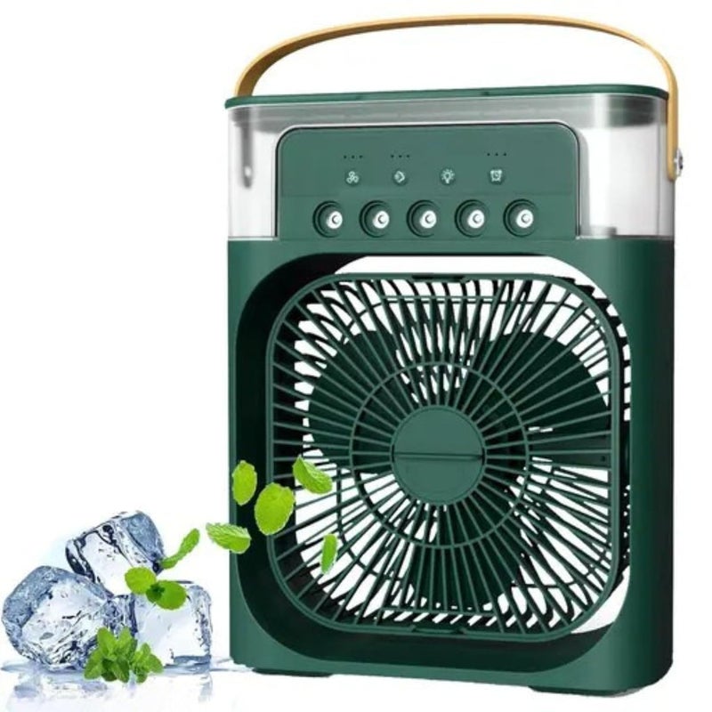 Mała, cicha chłodziarka, przenośny nawilżacz powietrza 4 w 1 USB z funkcją rozpylania wody, 7-kolorowe światło LED, 3 prędkości (zielona)