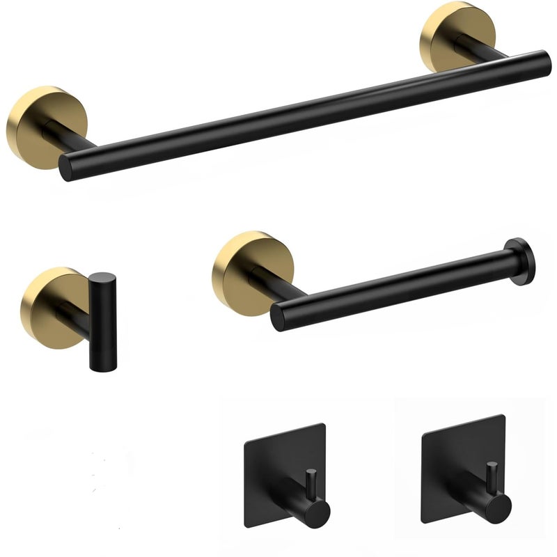 Zestaw 5 wieszaków na ręczniki – drążek na ręczniki 40 cm, uchwyt na papier toaletowy, haczyk ścienny, wieszak na ubrania, kolor czarny i złoty