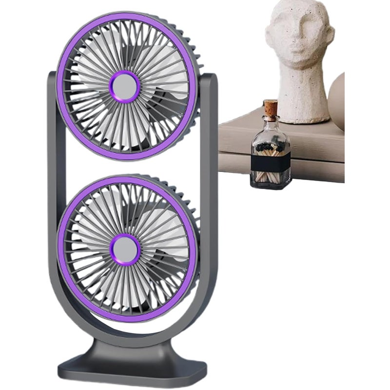 Dwugłowicowy, cichy wentylator biurkowy z akumulatorem USB do domu, na zewnątrz, w podróży i do szkoły, 14 x 9,5 x 30 cm, fioletowy