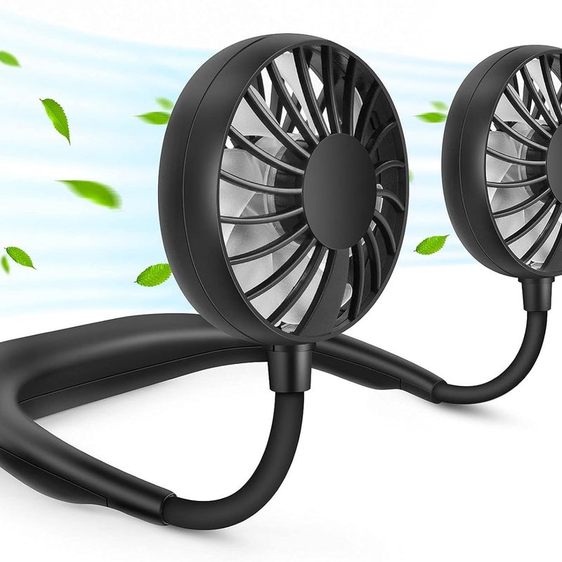 Przenośny wentylator na szyję, bez użycia rąk, ładowany przez USB (3 regulowane prędkości), czarny