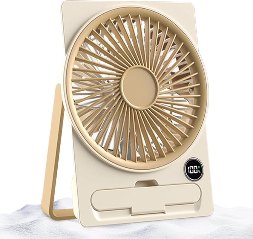 Wentylator biurkowy z akumulatorem USB i wyświetlaczem LCD, ultracienka konstrukcja, idealny na kemping, w podróży i do użytku w pomieszczeniach, beż