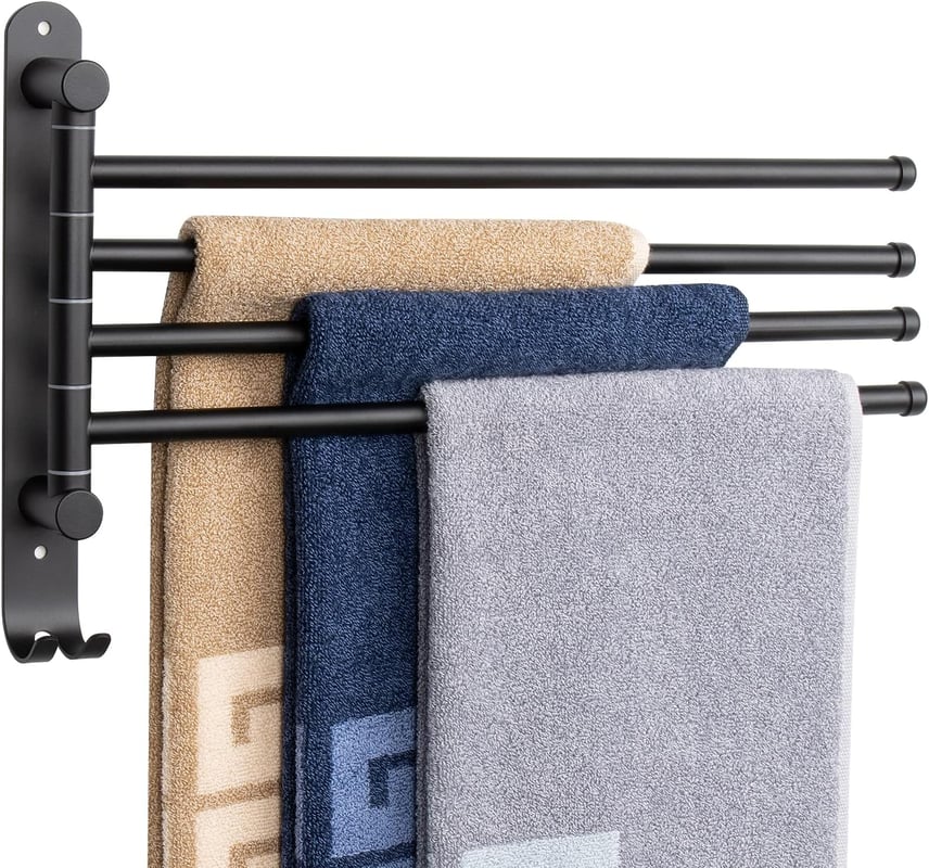 Wieszak na ręczniki ścienny do łazienki, obrotowy 180°, stal nierdzewna, podwójne drążki obrotowe, cztery drążki, czarny