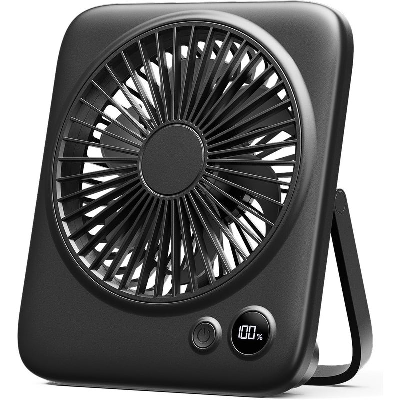 Mały wentylator stołowy, przenośny, lekki i cichy, akumulatorowy, 4 prędkości, składany o 180°, czarny