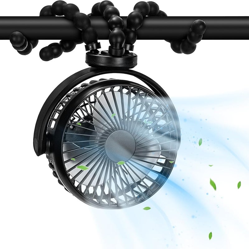 Miniaturowy, przenośny wentylator do wózka, obrotowy o 360°, odpowiedni do fotelików samochodowych, łóżeczek i bieżni, czarny