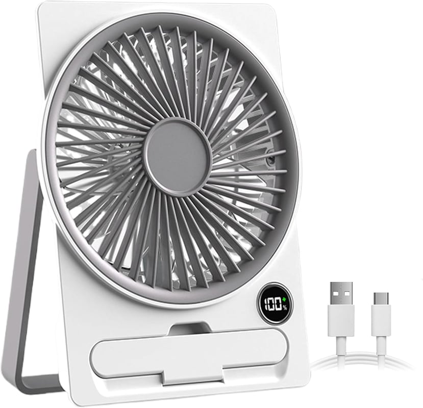 Wentylator biurkowy z akumulatorem USB i wyświetlaczem LCD, ultracienka konstrukcja, idealny na kemping, w podróży i do użytku wewnątrz, biały