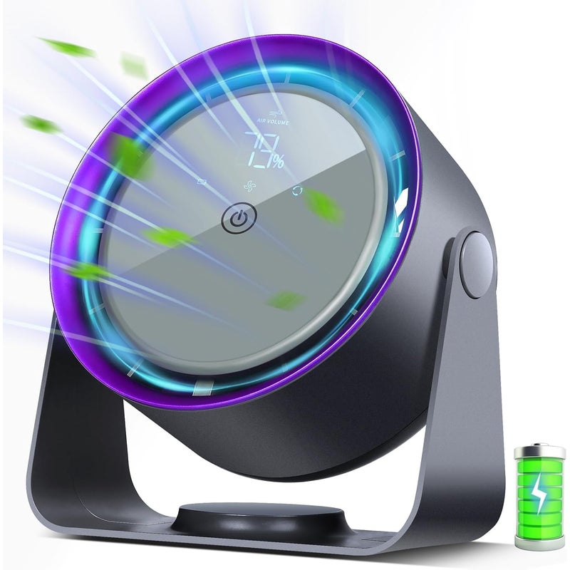 Akumulatorowy, cichy wentylator biurkowy z pięcioma prędkościami i cyfrowym ekranem dotykowym. Idealny do sypialni, podróży i na kemping. Szary.