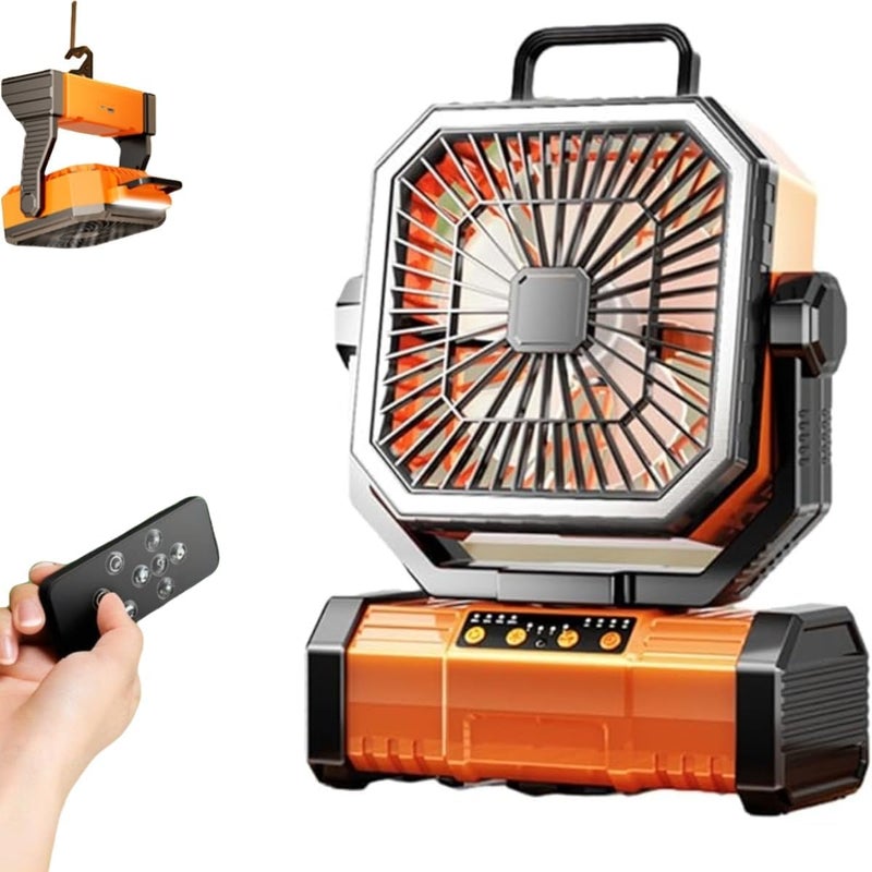 Przenośny wentylator kempingowy z pilotem, lampką i hakiem do namiotu, akumulatorem, 4 prędkościami i timerem (pomarańczowy)