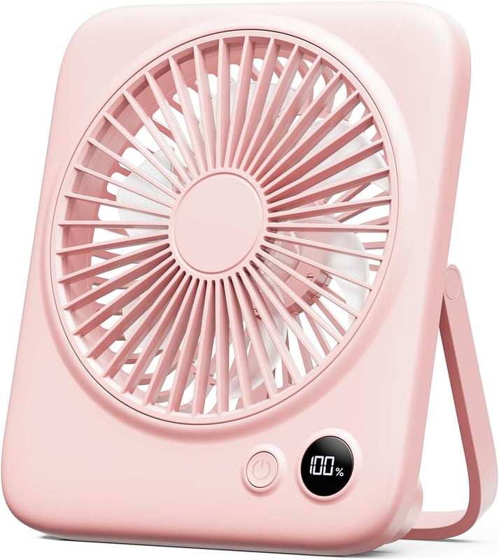 Mały wentylator stołowy, przenośny, lekki i cichy, akumulatorowy, 4 prędkości, składany o 180°, różowy