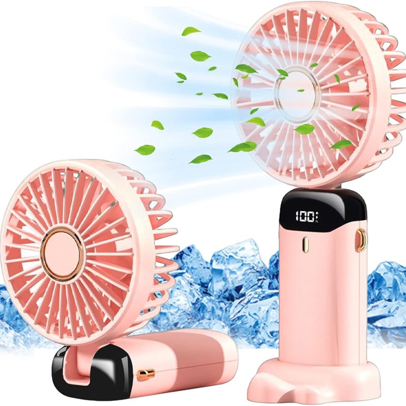 Mały wentylator przenośny, mini wentylator, 5 ustawień prędkości (z podstawą), składany wentylator stołowy (różowy)