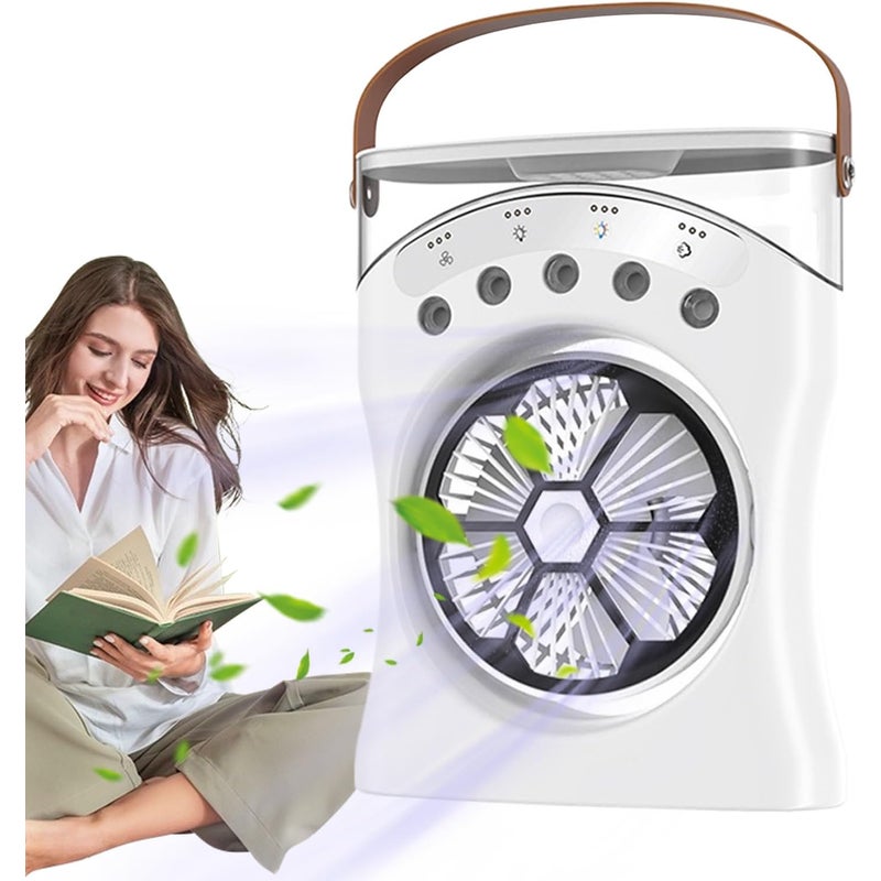 Akumulatorowy wentylator z rozpylaczem wody i światłem, obrót o 180 stopni, 3-biegowy wentylator chłodzący, biały