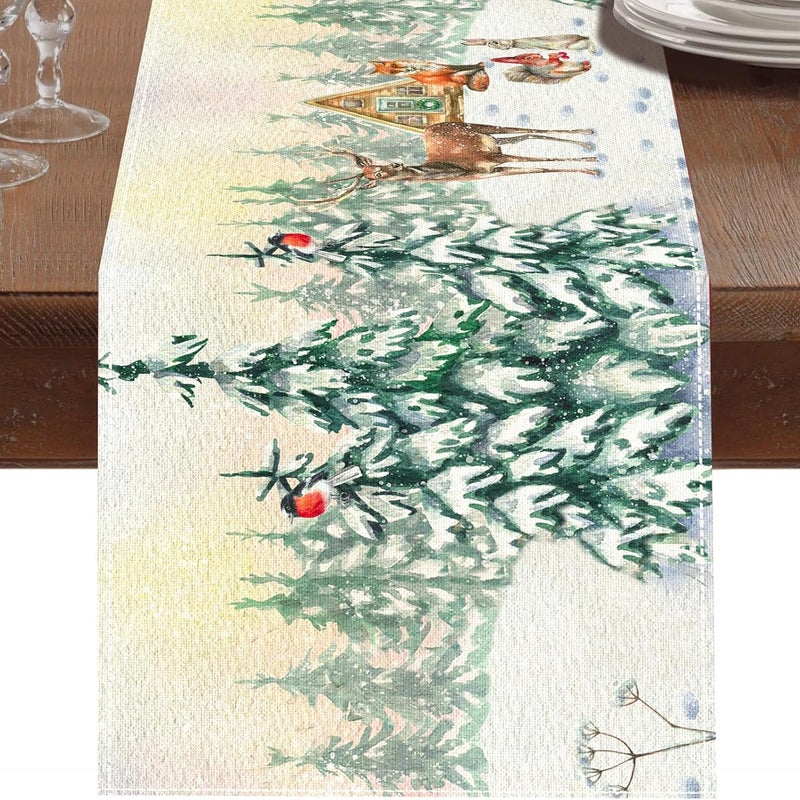 Bieżnik świąteczny 33x183 cm, dekoracja stołu bożonarodzeniowego, biały bieżnik świąteczny ze śnieżną choinką, łosiem, królikiem i lisem
