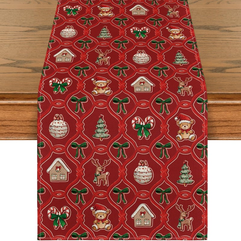Bieżnik świąteczny z kokardkami, choinkami, reniferami, domkiem, bombkami, misiem, Boże Narodzenie, zimowa dekoracja stołu kuchennego, 33×183 cm