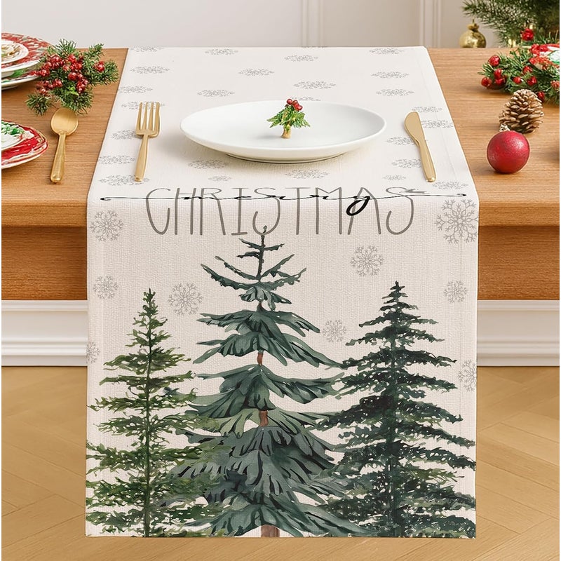 Bieżnik świąteczny 33 x 183 cm Sosnowo-zielony, dekoracja stołu świątecznego w kształcie płatka śniegu, nowoczesna jesienno-zimowa dekoracja stołu