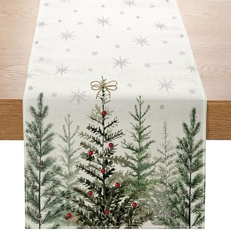 Bieżnik świąteczny z motywem sosny, śnieżynka, 33x183 cm, sezonowy zimowy lniany obrus z motywem płatka śniegu, do dekoracji świątecznych