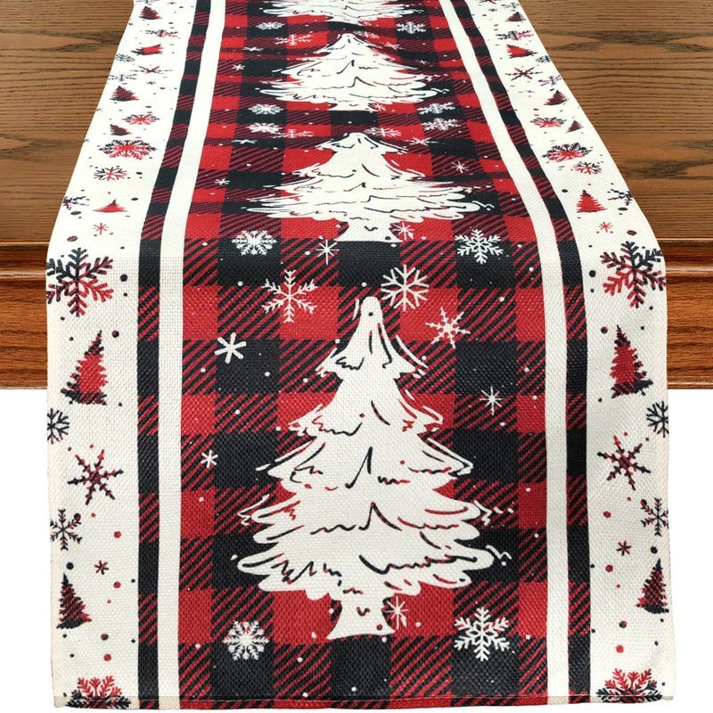 Bieżnik świąteczny 183 x 33 cm, bieżnik świąteczny z choinką, płatkami śniegu i wzorem w kratkę, lniany bieżnik świąteczny, zmywalny, świąteczny