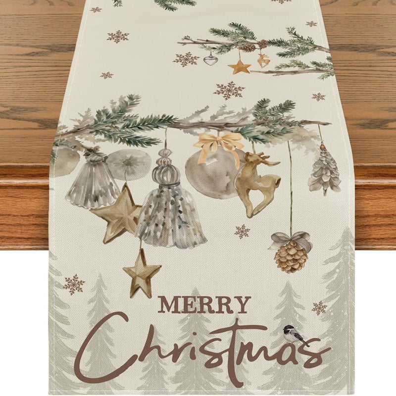 Bieżnik świąteczny – choinki, jelenie, bombki – Wesołych Świąt – zimowa dekoracja stołu kuchennego – wystrój domu 33x183 cm
