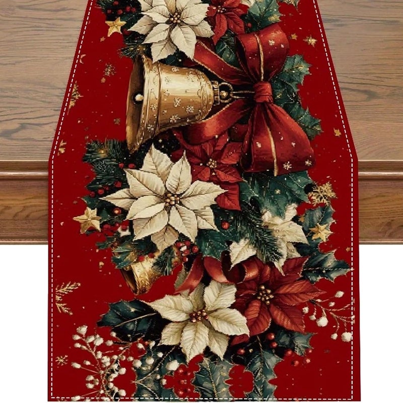 Bieżnik świąteczny 33 x 183 cm, Czerwony bieżnik świąteczny, Kwiaty poinsecji, Dzwonki, Ostrokrzew, Dekoracja stołu na święta Bożego Narodzenia