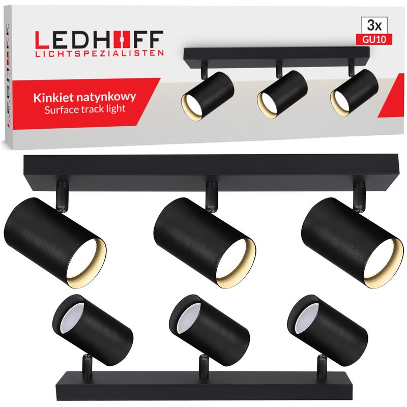 Kinkiet LED potrójny 3x GU10 czarny mat Lampa sufitowa SPOT Ruchoma TUBA natynkowa na ścianę do kuchni pokoju - LEDHOFF