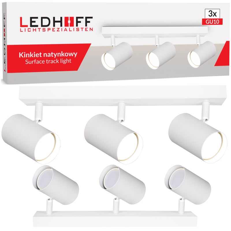 Kinkiet LED potrójny 3x GU10 biały mat Lampa sufitowa ruchoma SPOT TUBA natynkowa na ścianę do kuchni sypialni - LEDHOFF