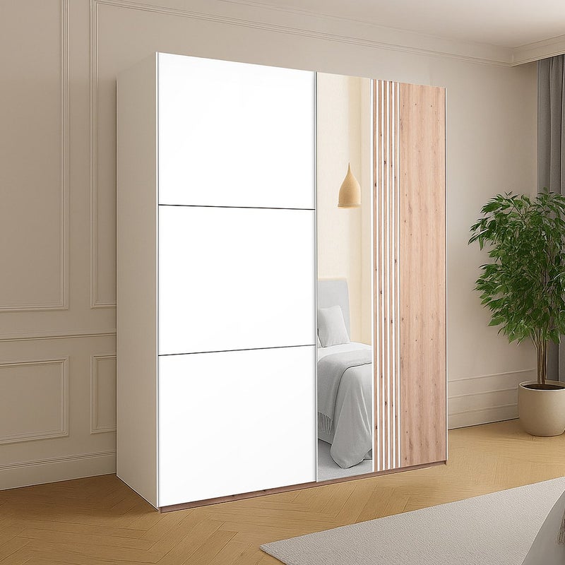 Szafa 2-drzwiowa - Z lustrem - Szerokość 203 cm - Biała i jasna naturalna - ADOSILA