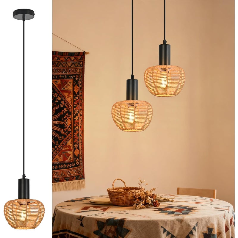 Lampa wisząca Nettlife Boho Rattan 1-światłowa – pleciona w stylu vintage, lina konopna E27 do jadalni (bez żarówki)