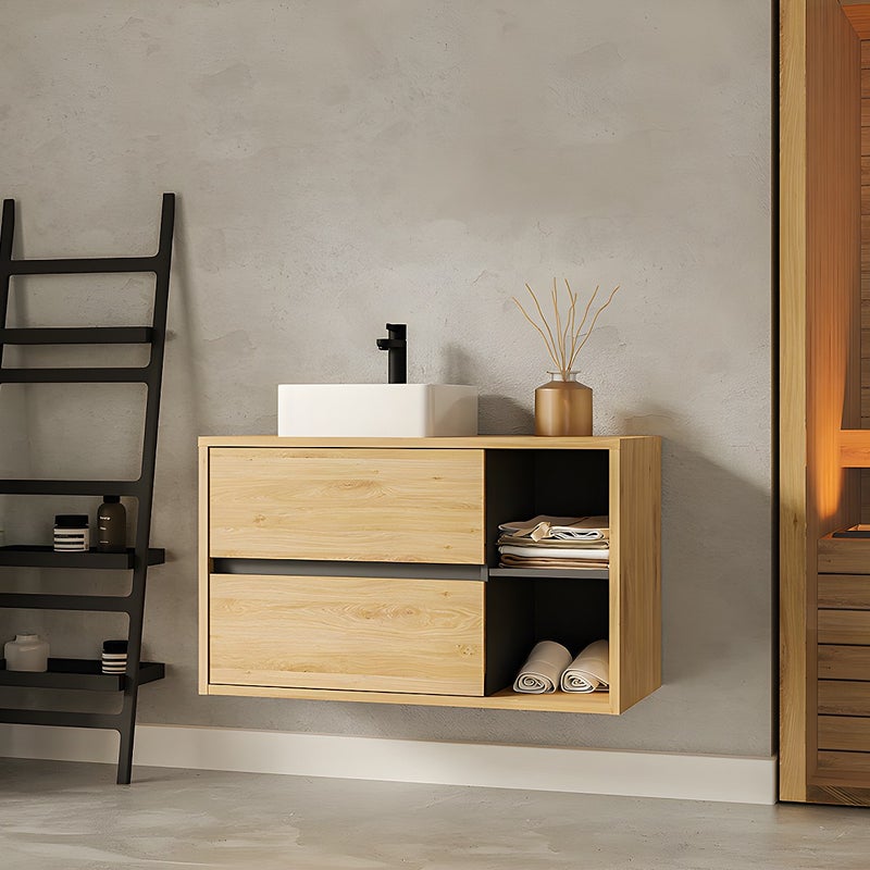 Szafka łazienkowa wisząca w kolorze naturalnym, z pojedynczą umywalką – 100 cm - PURNAL