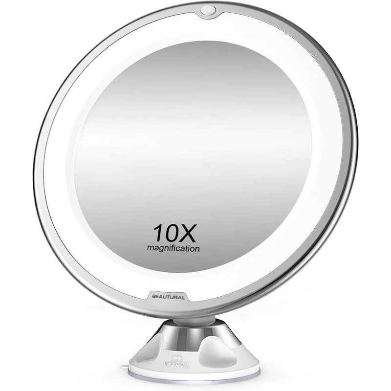 10-krotne powiększające lustro do makijażu z diodami LED, 1 przegub kulowy, regulowany uchwyt 360°, przenośne lusterko kosmetyczne do łazienki, podró