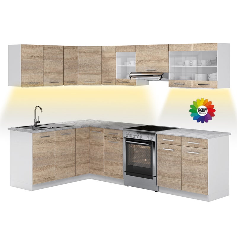 Vicco Kuchnia narożna Rick, Sonoma/Biały, 270 x 60 cm , BP Marmur z taśmą LED