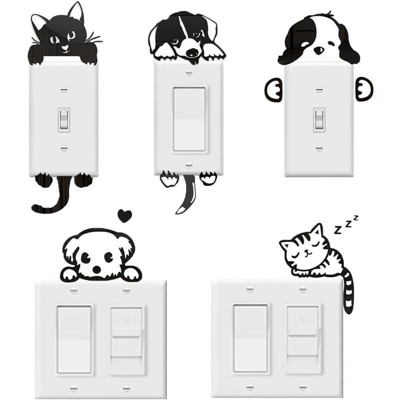5-pak uroczych naklejek na przełączniki światła z motywem psa i kota, 3D akrylowa naklejka ścienna na lustro
