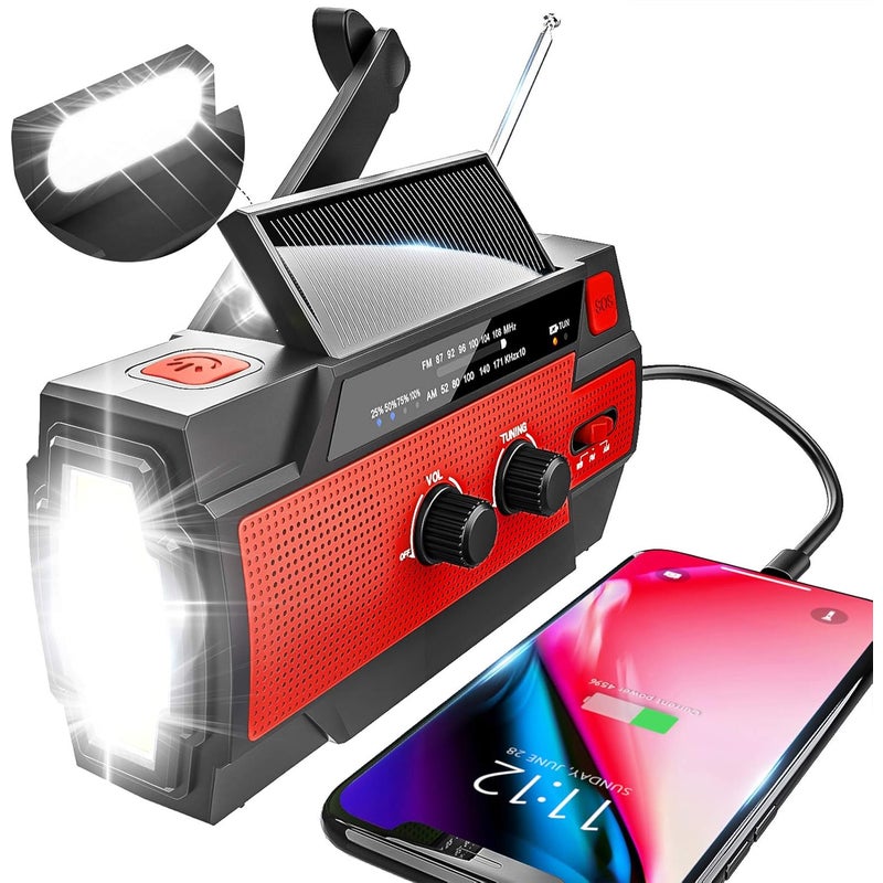 Przenośne radio AM/FM na energię słoneczną z akumulatorem 4000 mAh i czerwoną latarką LED