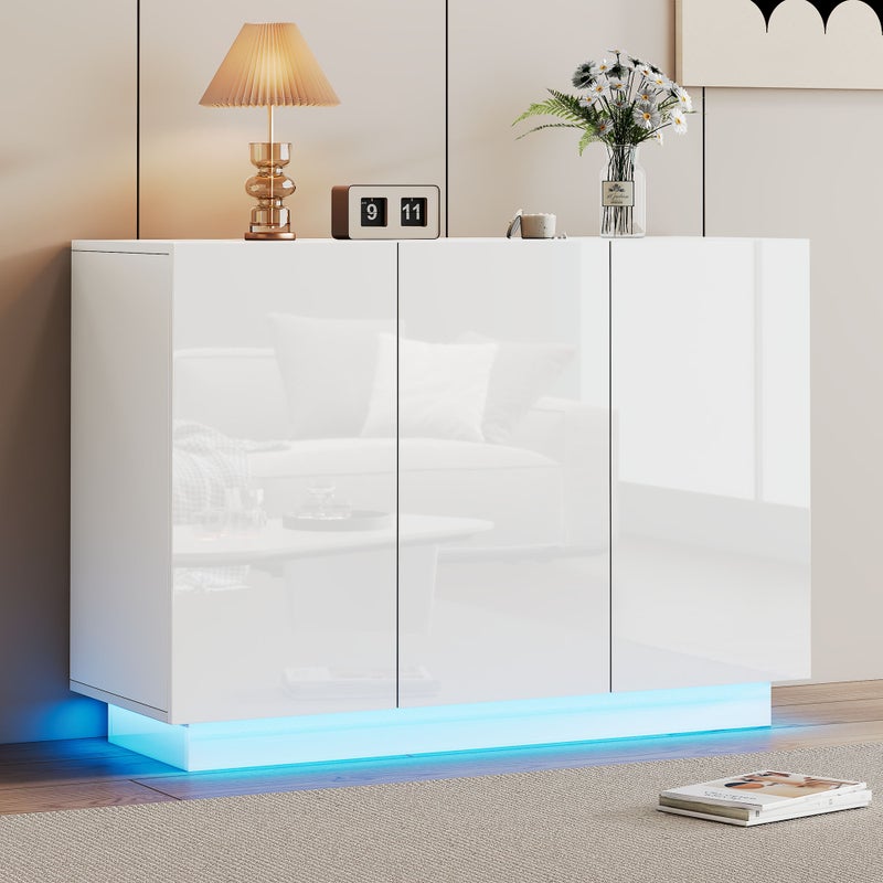 Komoda z 3 drzwiami - 120 x 40 x 75 cm - Diody LED - Płyta wiórowa - Biały połysk