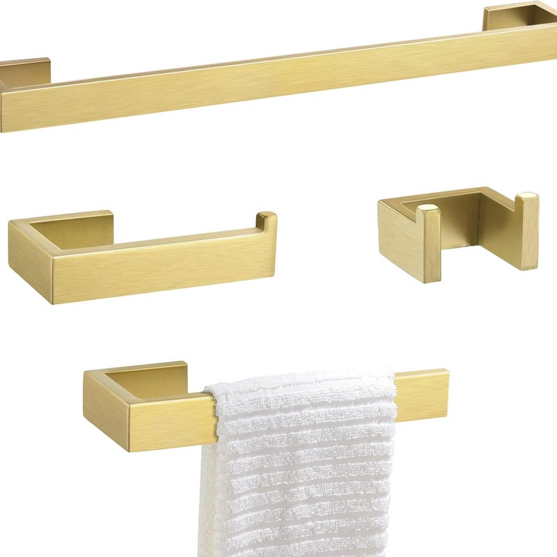 Zestaw 4 złotych akcesoriów łazienkowych, wieszak na ręczniki, uchwyt na papier toaletowy, wieszak na ubrania