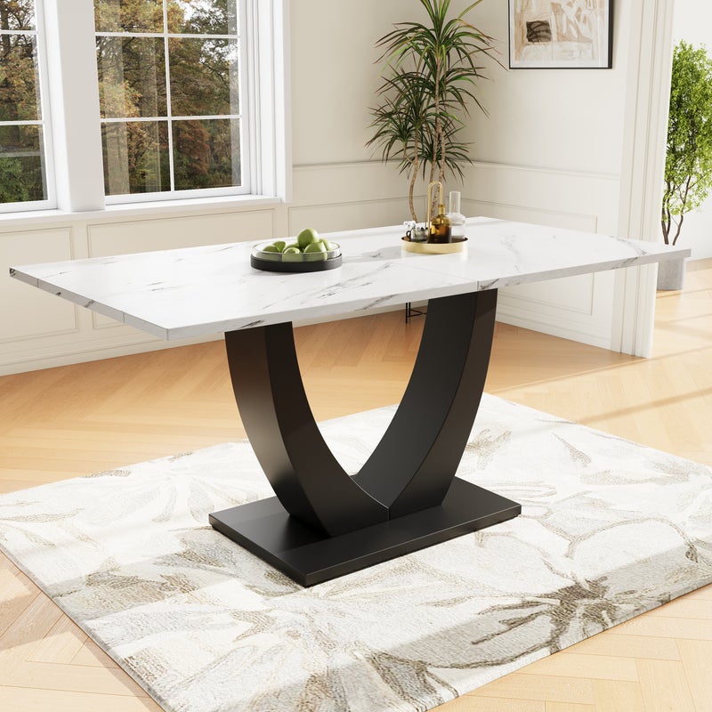 Stół jadalny dla 4-6 osób - 140 x 75 x 75,5 cm - Płyta MDF + Nogi metalowe - Efekt marmuru - Biały + czarny
