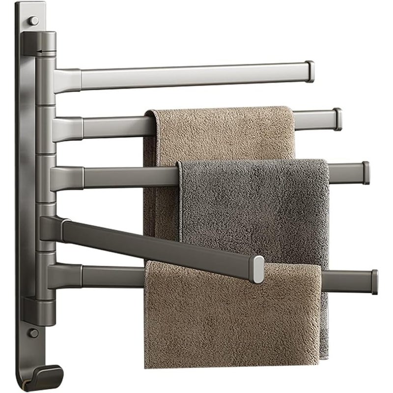 Wieszak ścienny na ręczniki obrotowy 180° z haczykiem, wykonany z aluminium, szary (5 ramion)