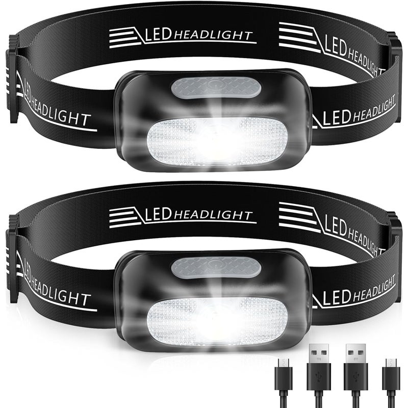 Akumulatorowa latarka czołowa z 5 trybami, przenośna do ćwiczeń, biwakowania, jazdy na rowerze i biegania (2 sztuki)