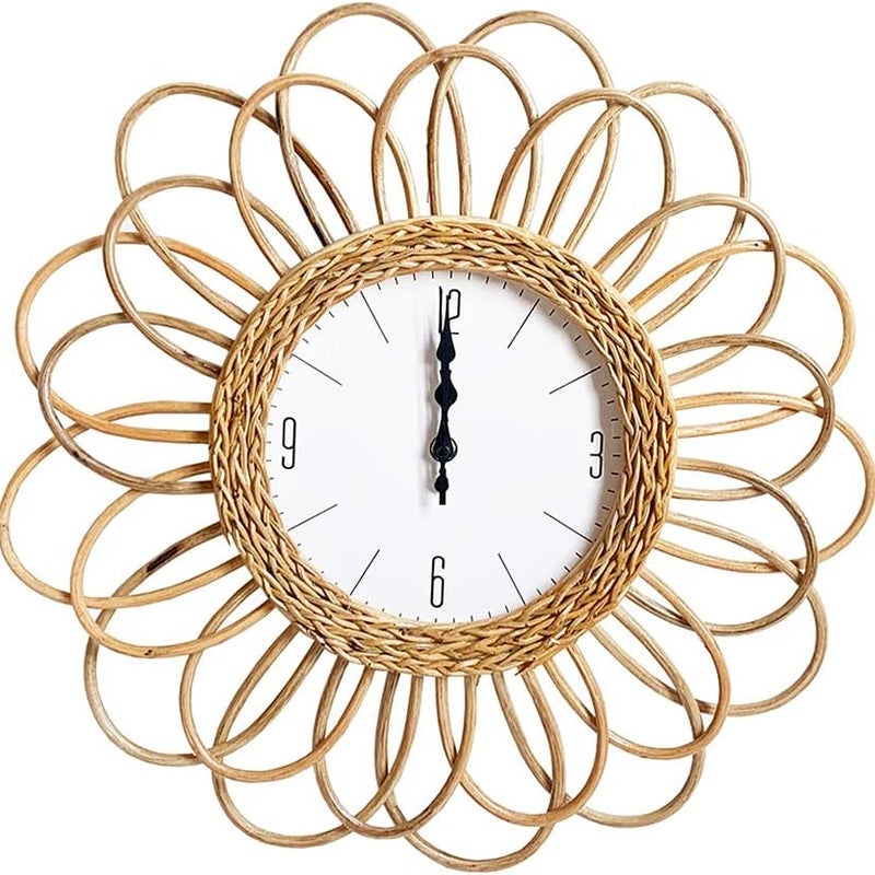 Zegar ścienny ręcznie tkany z rattanu, prosty design retro, rama rattanowa, średnica 46 cm
