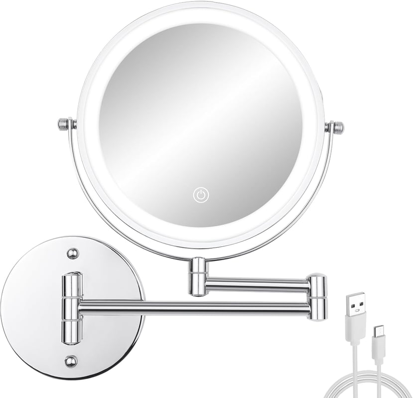 8-calowe lustro ścienne, dwustronne lustro łazienkowe z powiększeniem 1x/3x i 3-kolorowym oświetleniem.