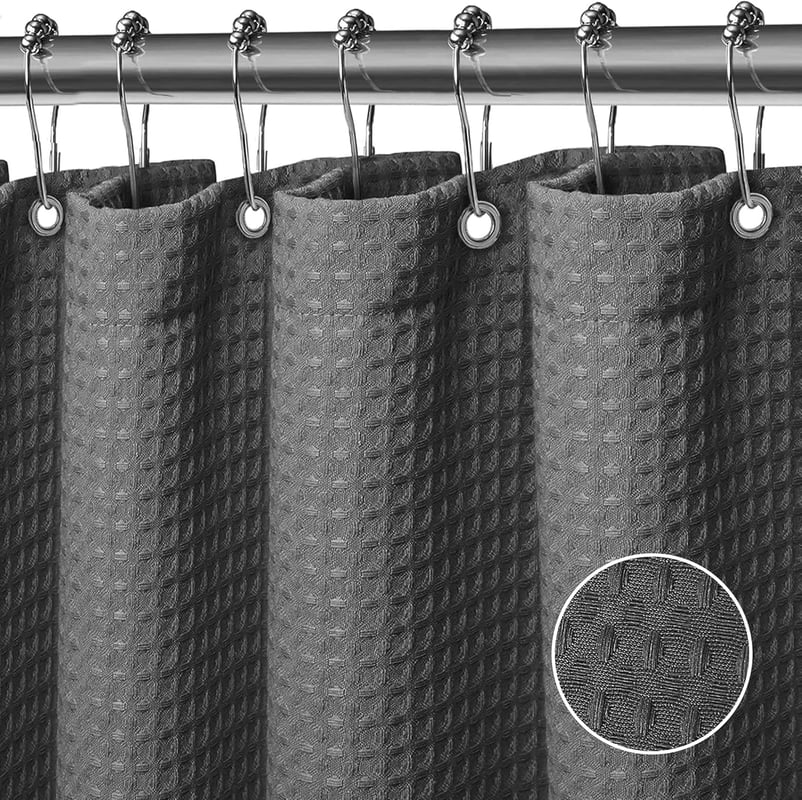Zasłona prysznicowa Waffle Weave, poliester, nadająca się do prania w pralce, z 12 haczykami, wodoodporna, 72 x 72 cale (szara)